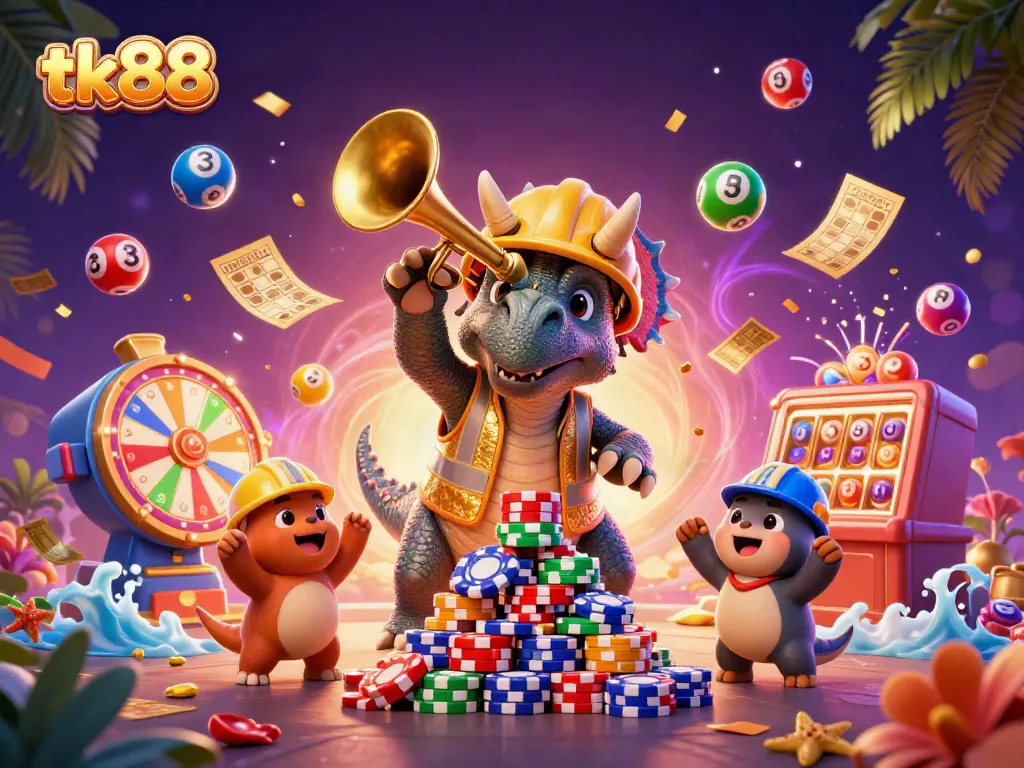 Engage in thrilling gaming at tk88 with an exciting scene featuring vibrant casino elements and animated characters.