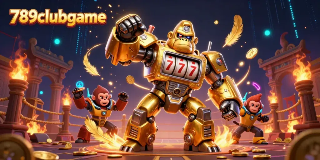 Experience excitement with the 789clubgame as a golden gorilla mech triumphantly spins reels and releases coins.