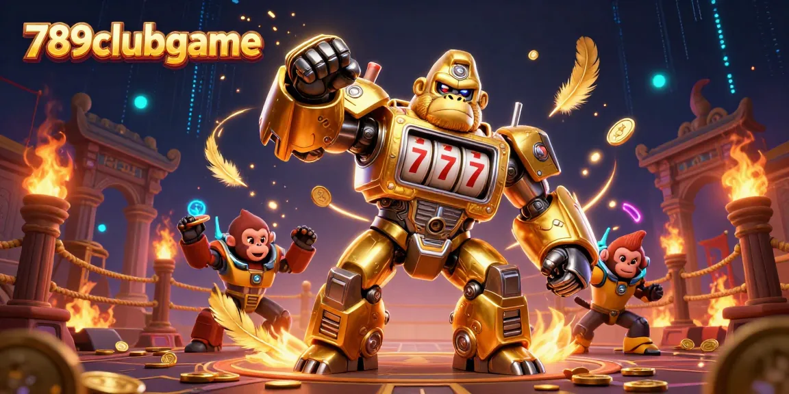 Experience excitement with the 789clubgame as a golden gorilla mech triumphantly spins reels and releases coins.