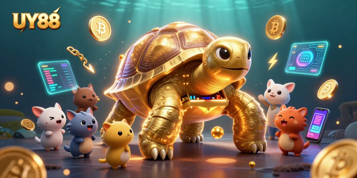Experience UY88's thrilling gaming with golden tortoise pinball machine and cryptocurrency elements.