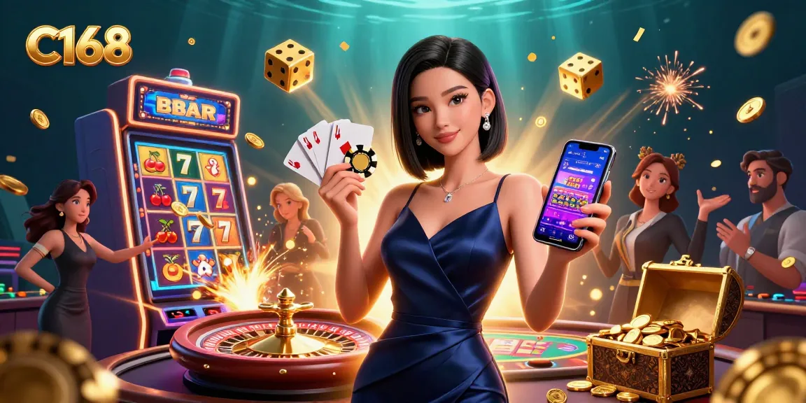 C168 casino game scene featuring an elegant woman with a chip and smartphone, luxury casino vibe