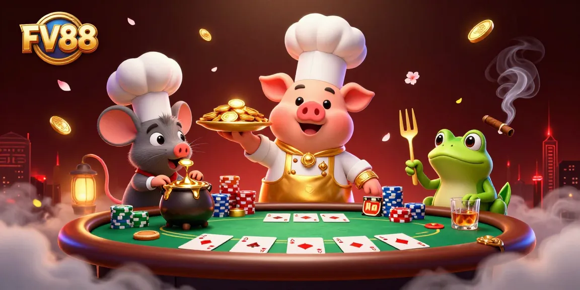 Experience high-stakes gameplay at FV88 with a chef pig serving gold coins in a vibrant casino scene.