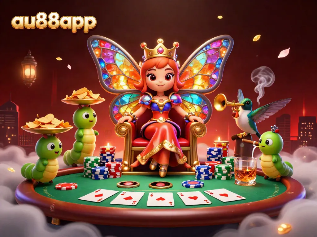 Experience thrilling gameplay with au88app's vibrant casino scene featuring a cartoon butterfly queen.