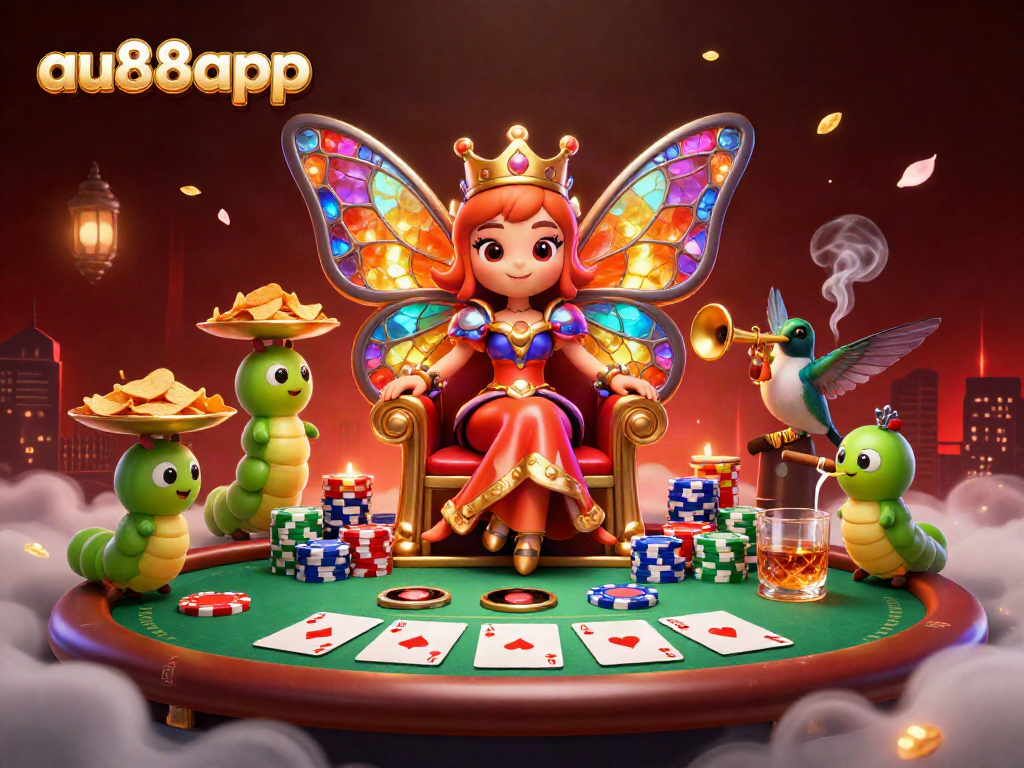 Experience thrilling gameplay with au88app's vibrant casino scene featuring a cartoon butterfly queen.