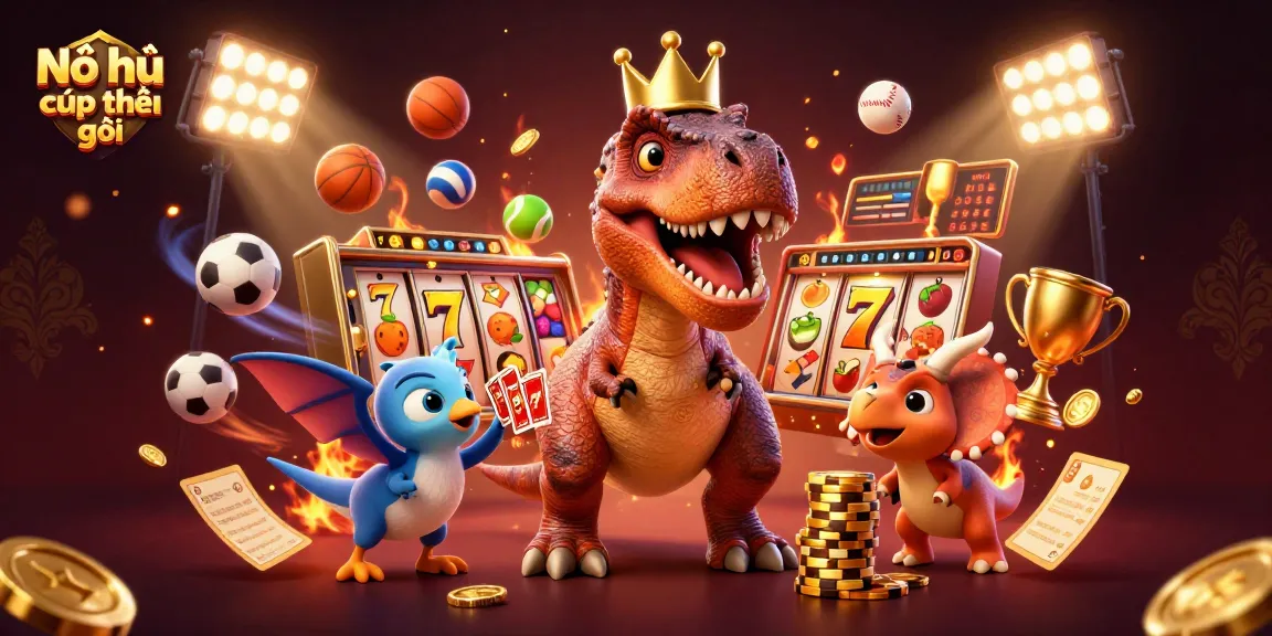Nổ hũ cúp thế giới showcases a T-Rex shuffling cards with golden coins and slot elements in a vibrant casino scene.