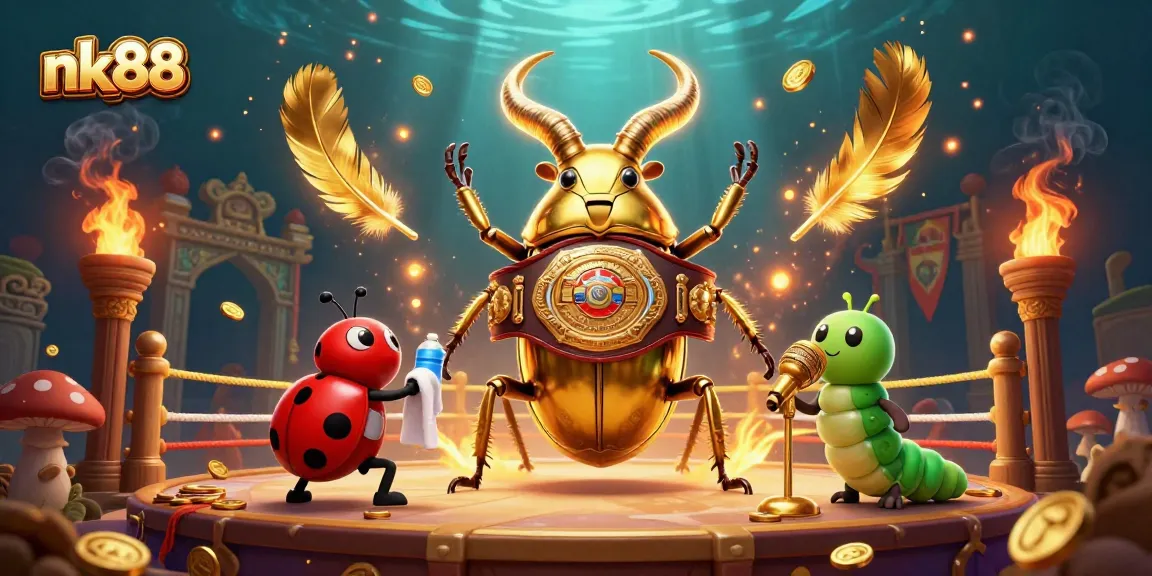 nk88 showcases an epic casino battle featuring a golden stag beetle champion and vibrant game elements.