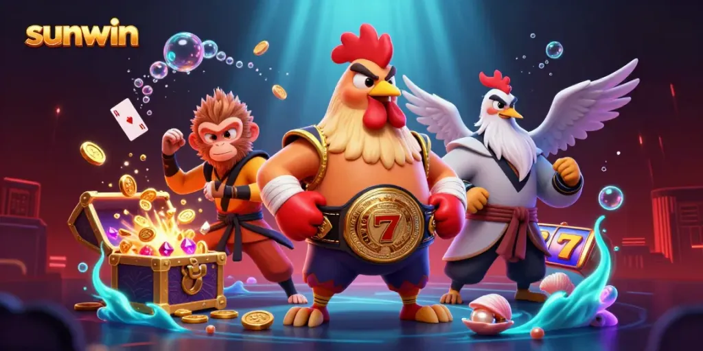 Sunwin showcases a thrilling gambling scene with colorful characters, slot reels, and glowing treasure amidst a dynamic casino atmosphere.