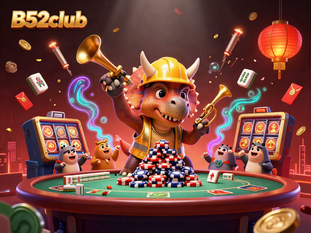 Experience the excitement of B52club with lively characters building poker chip towers amidst dynamic gaming elements.