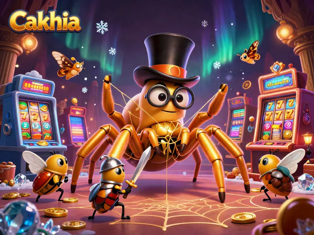 Cakhia offers a thrilling casino experience with golden tarantula and beetle knight in a vibrant, dynamic gaming scene.