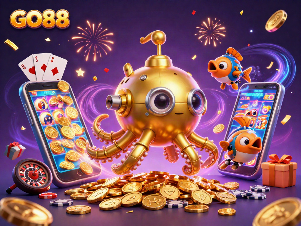 Experience GO88 with thrilling spins and vibrant casino elements in a rich 3D illustration.