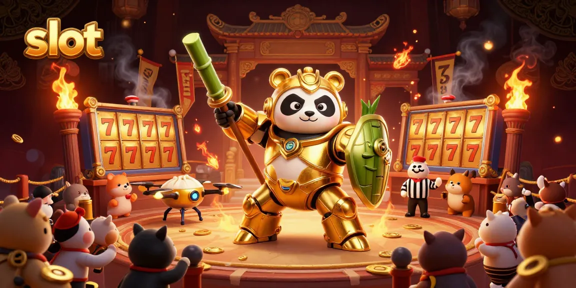 Watch the mech-suit panda conquer slots in this spectacular arena illustration.