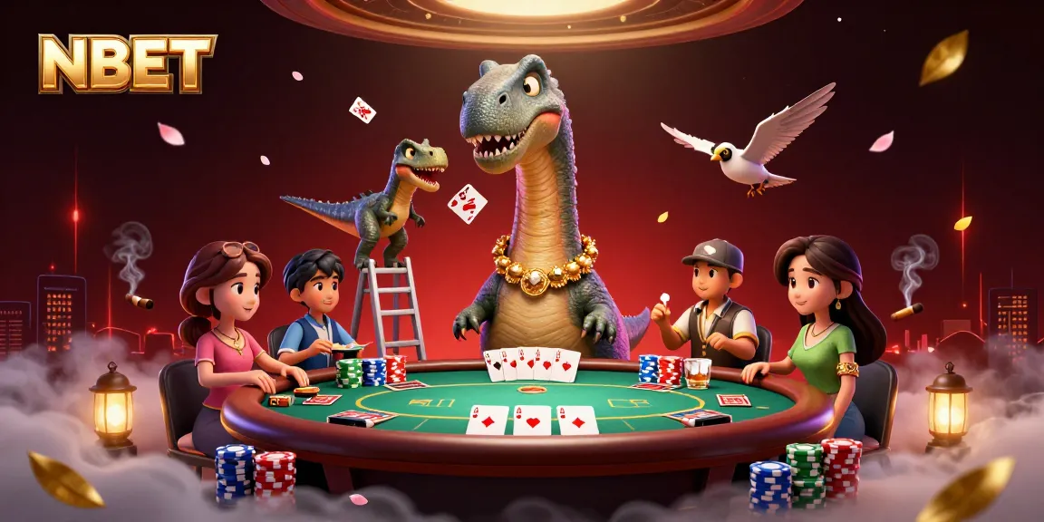 NBET casino scene featuring a giant brontosaurus and clever raptor dealing cards