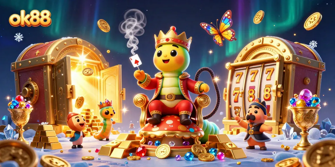 Experience thrilling slots at ok88 with vibrant 3D illustrations of a caterpillar and treasures.