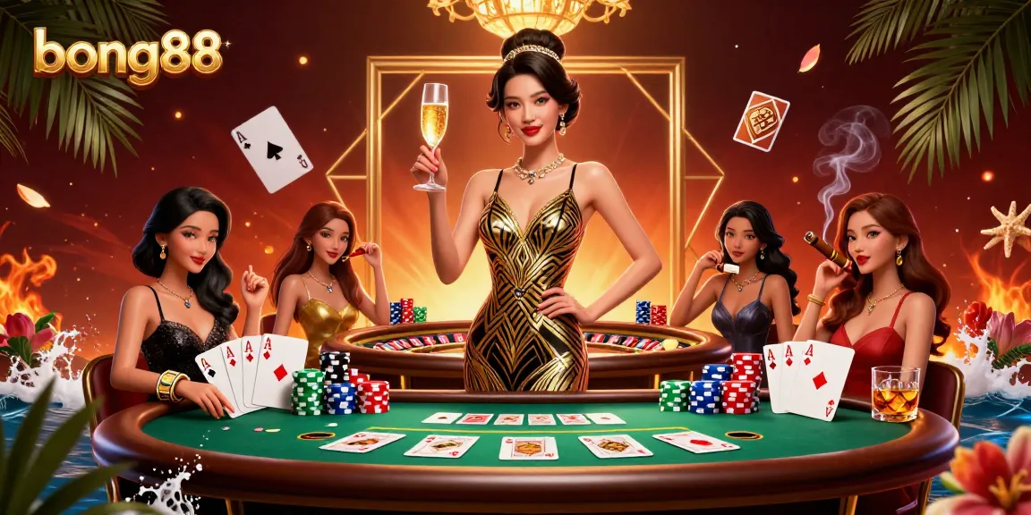 Experience the excitement of bong88 with an elegant casino scene featuring poker tables and vibrant gaming elements.