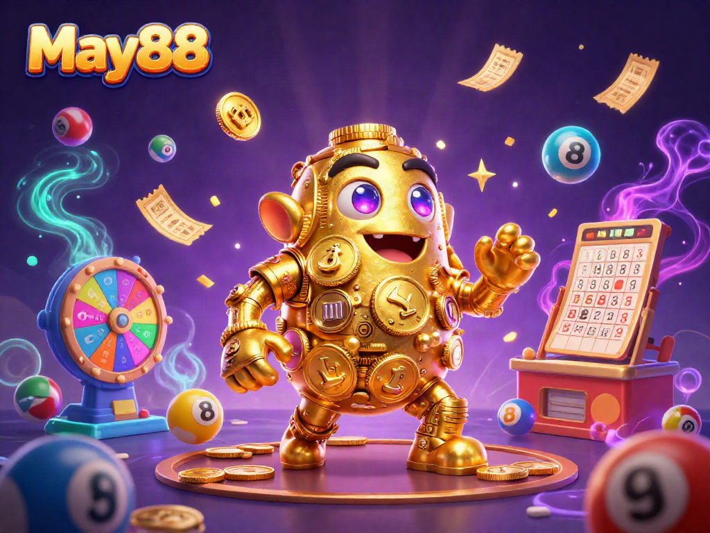 Engage with May88's exhilarating lottery scene featuring colorful bouncing balls and a golden golem.