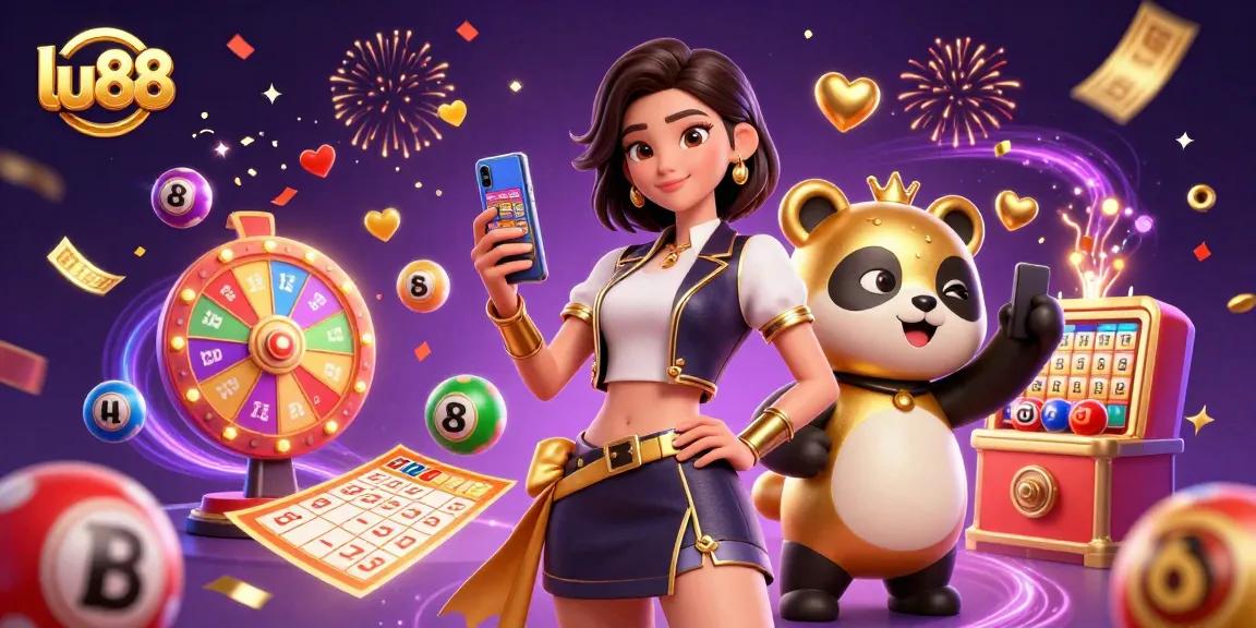 lu88 showcases a vibrant casino scene with a woman and a cartoon panda amidst game elements.
