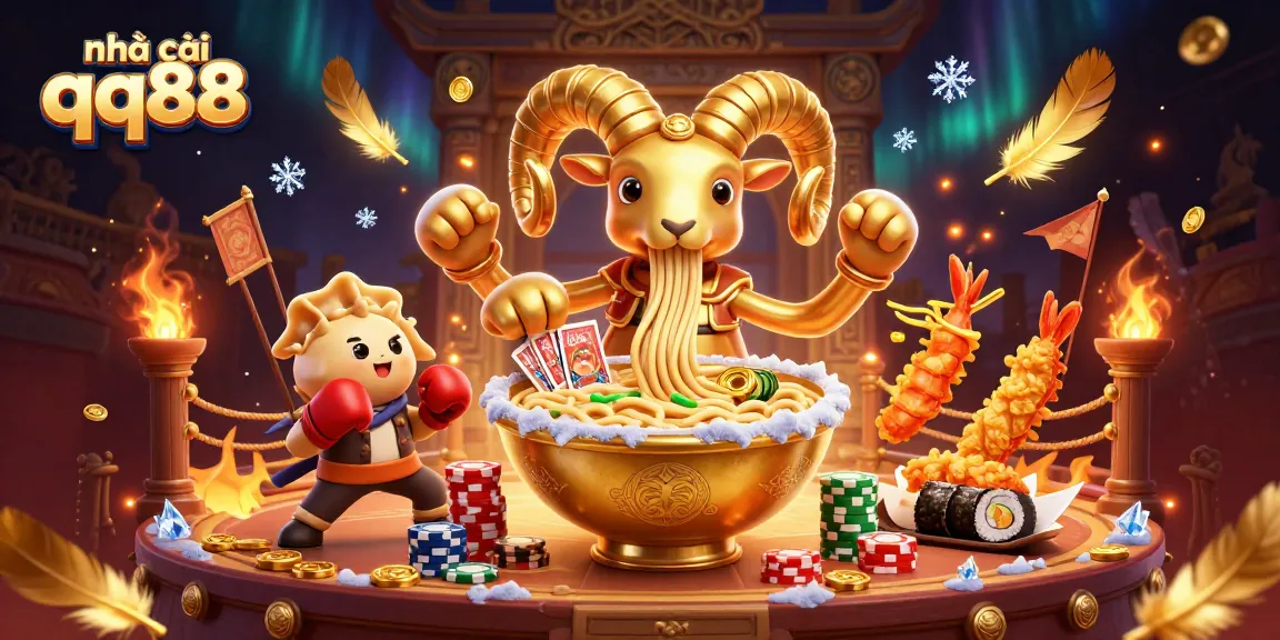 Engage with nhà cái qq88’s dynamic casino scene: a giant ramen bowl dealer, cards, and coins galore.