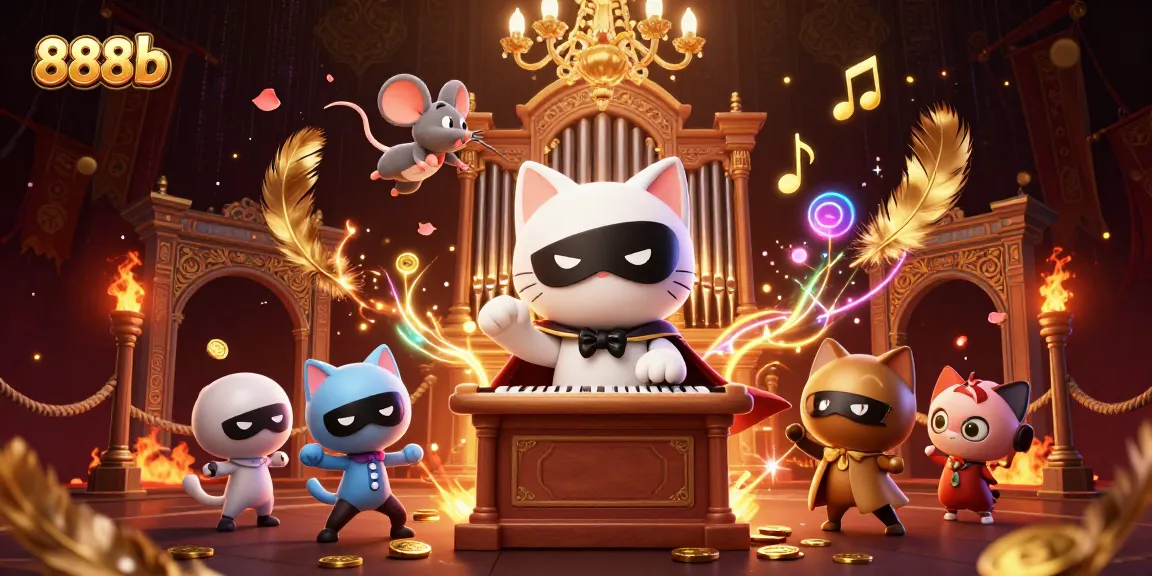 Engage with the dynamic gaming scene at 888b featuring a captivating 3D cat and mouse in an ornate casino.