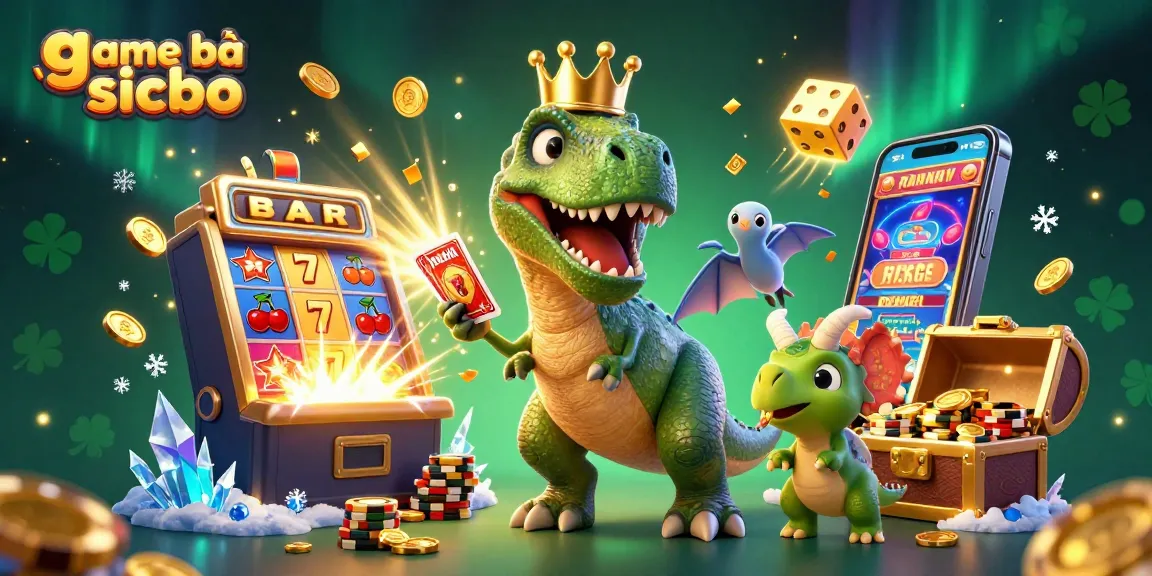 Engage in game bài sicbo with a vibrant casino scene featuring a T-Rex shuffling cards and a baby triceratops stacking chips.