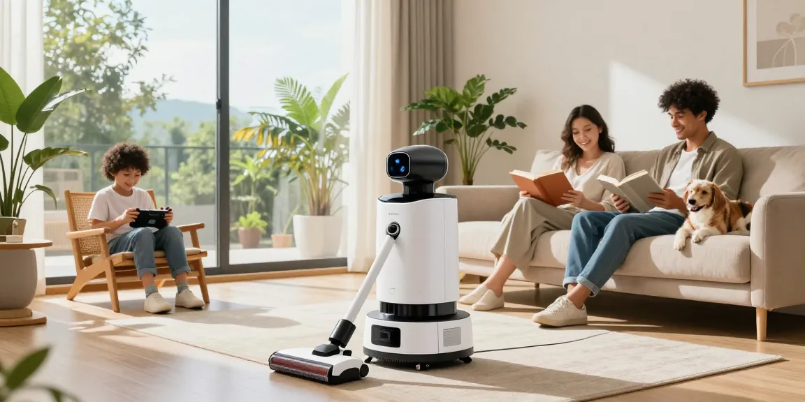 A humanoid home robot cleaning in a bright living room while a family enjoys quality time, showcasing the convenience of home robotics.