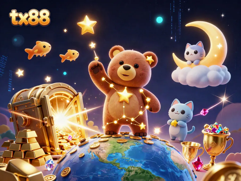 Engage in tx88 online gambling with a vivid cosmic scene depicting starry characters and treasure.