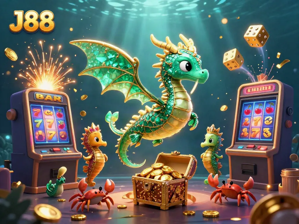 Experience gaming excitement with J88's emerald sea dragon and jackpot slots in a vibrant underwater scene.