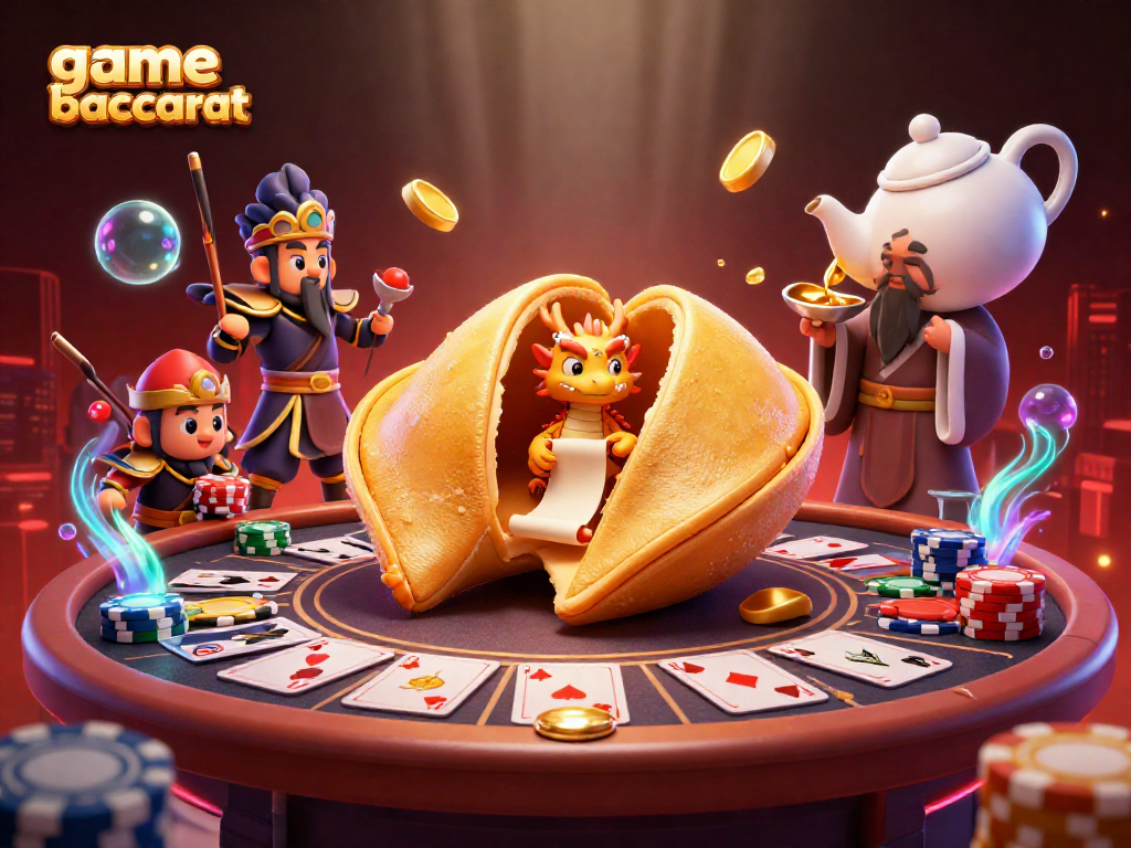 Experience the thrill of game baccarat with a dynamic 3D casino scene featuring vibrant characters and elements.