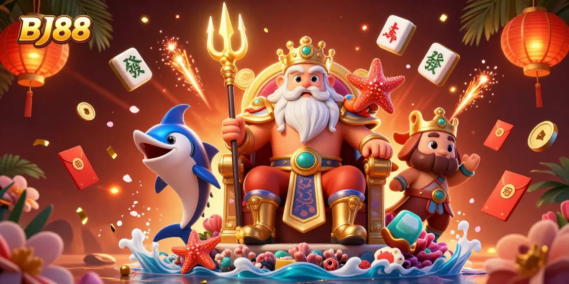 Experience thrilling gameplay with BJ88 in a vibrant 3D casino scene featuring Neptune.