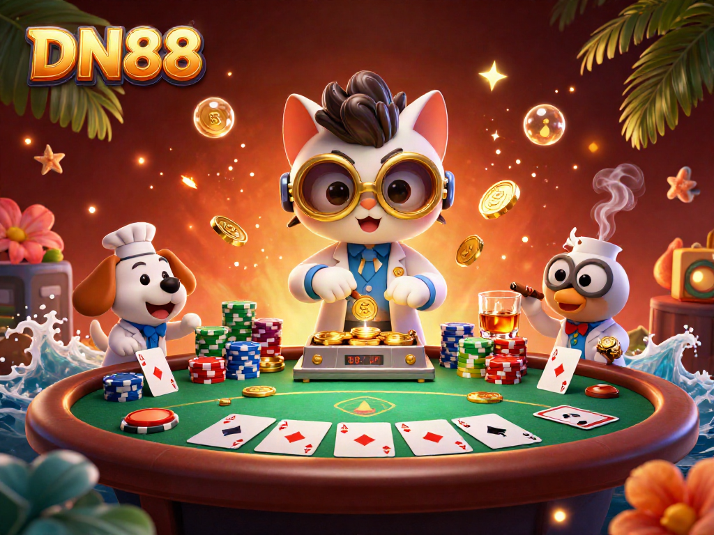 Experience thrilling poker action with DN88's vibrant 3D casino scene, full of captivating characters and dynamic game elements.
