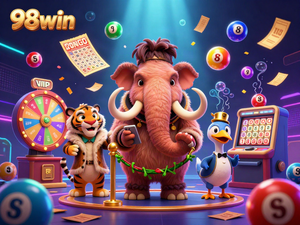 Experience the thrill of 98win with a vibrant casino scene featuring a mammoth bouncer and a saber-tooth tiger VIP.