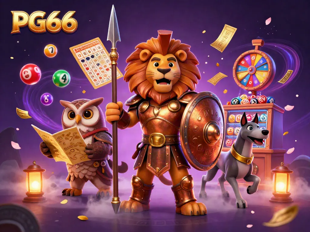 Experience the thrilling action of PG66 with characters amidst lottery balls and vibrant casino elements.