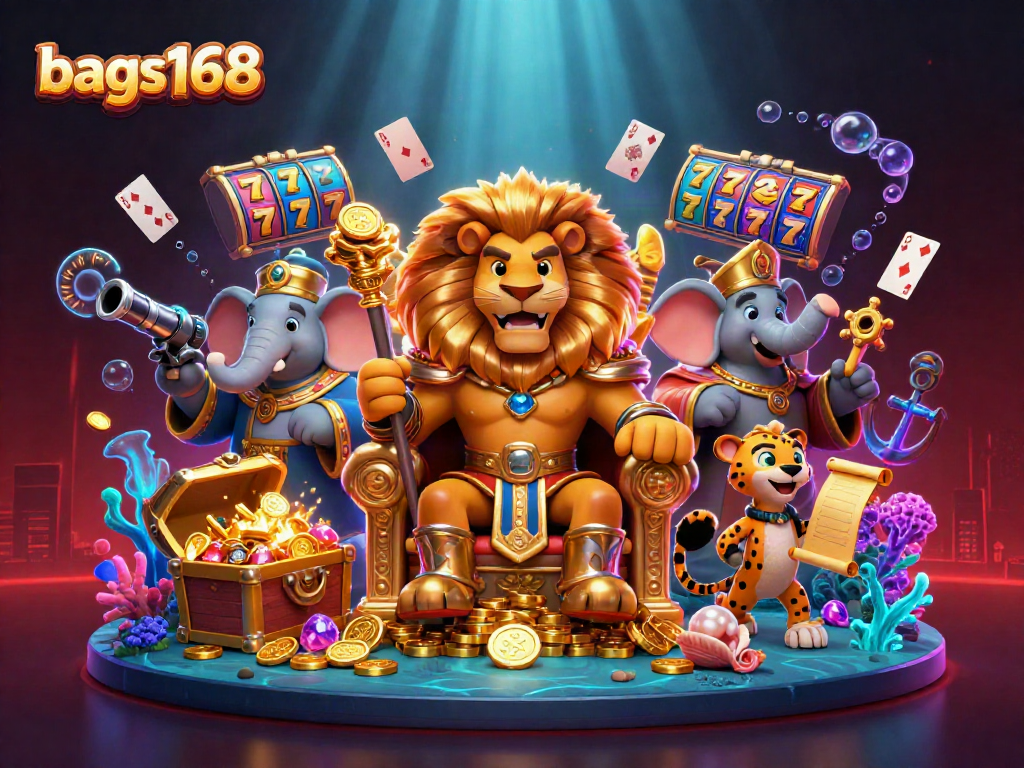 Bags168 showcases a lively casino scene with a lion king, a wise elephant, and a cheetah messenger among slot reels and golden treasures, emphasizing gaming excitement.