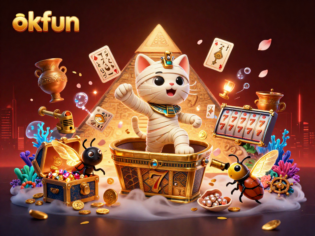 Engage with exciting games at okfun, featuring a vibrant 3D mummy cat and treasure-filled casino.