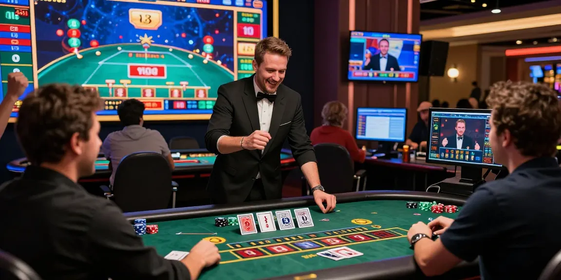 Online casino excitement at https://f1686s.com/ with live dealer and players celebrating wins.