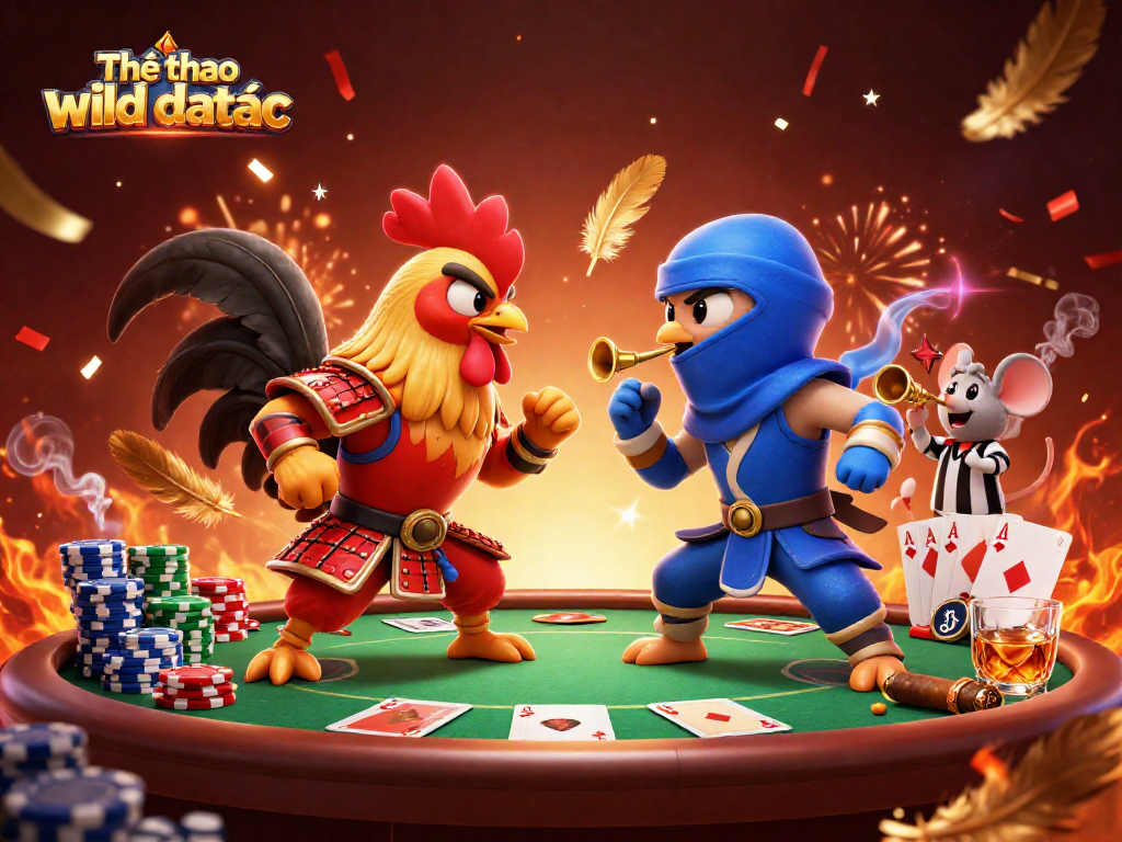 Engage with Thể thao wild đạo tặc as fighting roosters battle in a 3D casino arena filled with vibrant poker elements.