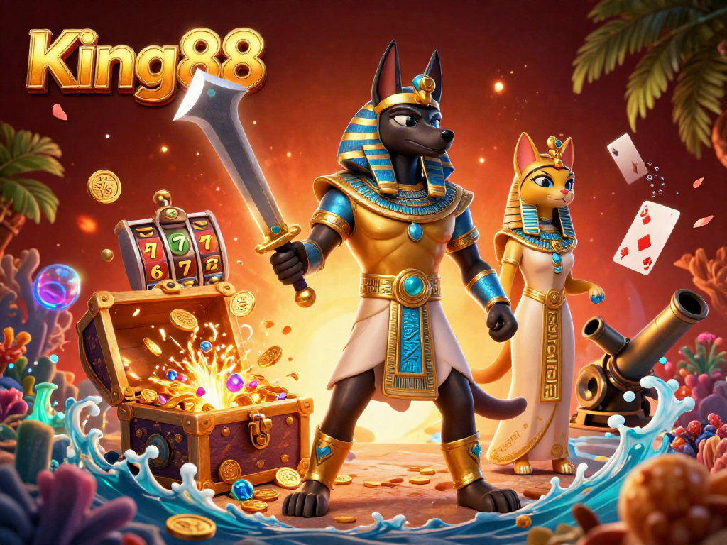 Experience thrilling gameplay at King88 with a vibrant illustration of casino elements and characters.
