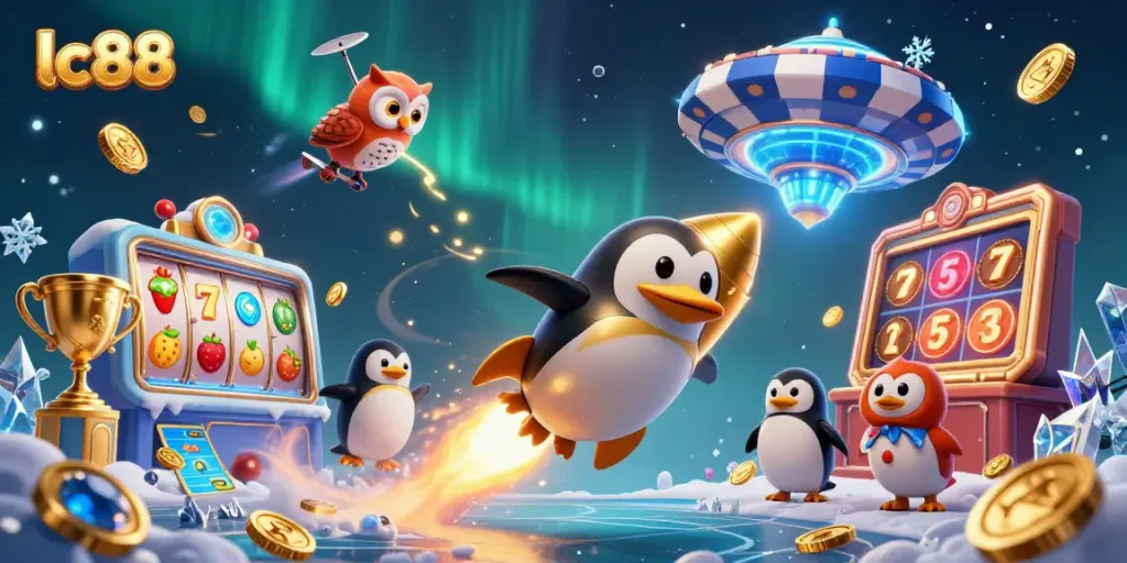 Engage with dynamic lc88 slots action featuring a golden penguin and poker chip space scene.