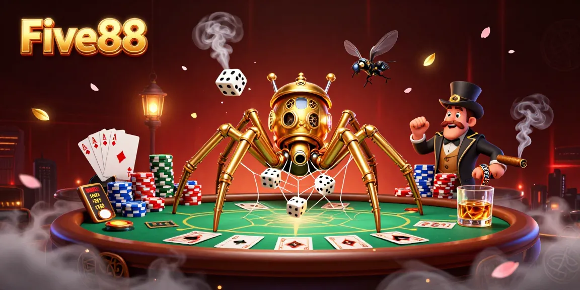 Five88 engages players with a steampunk spider catching dice among vibrant poker elements.