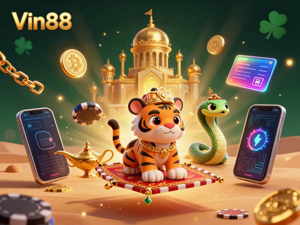Experience Vin88 with an Arabian-themed tiger sultan surrounded by luxury gaming elements.