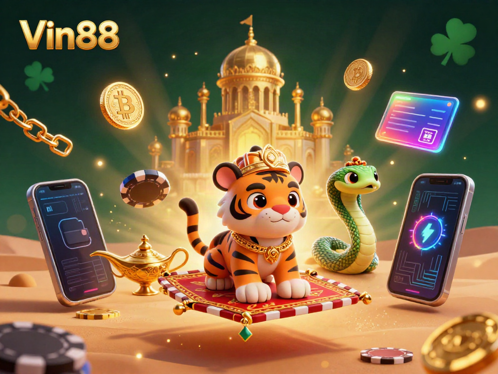 Experience Vin88 with an Arabian-themed tiger sultan surrounded by luxury gaming elements.