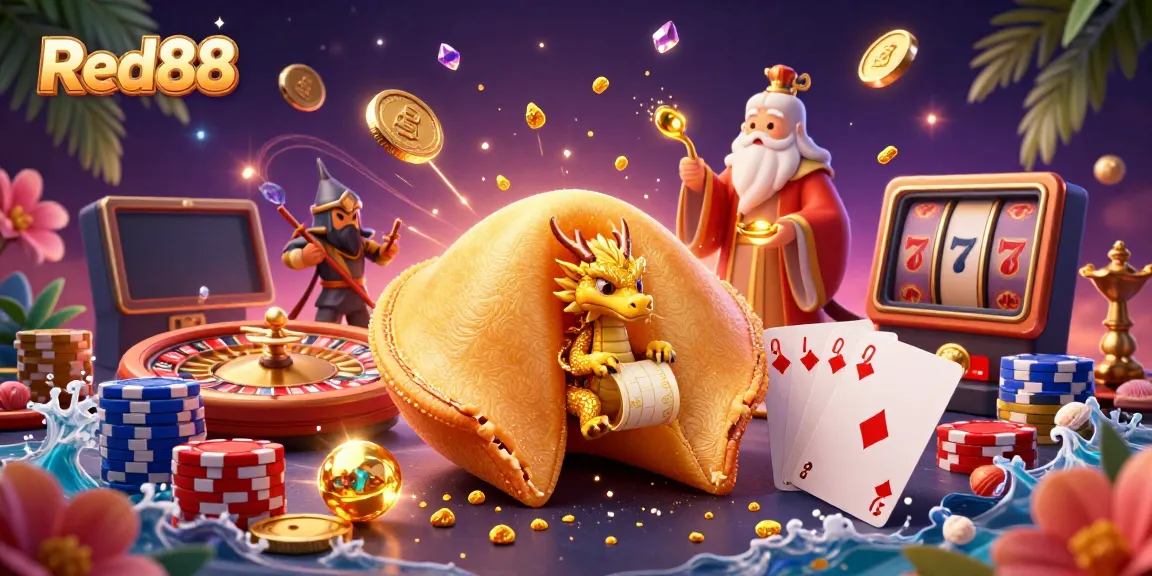 Red88 brings fortune with a giant golden cookie, a wise dragon, and exciting casino elements.