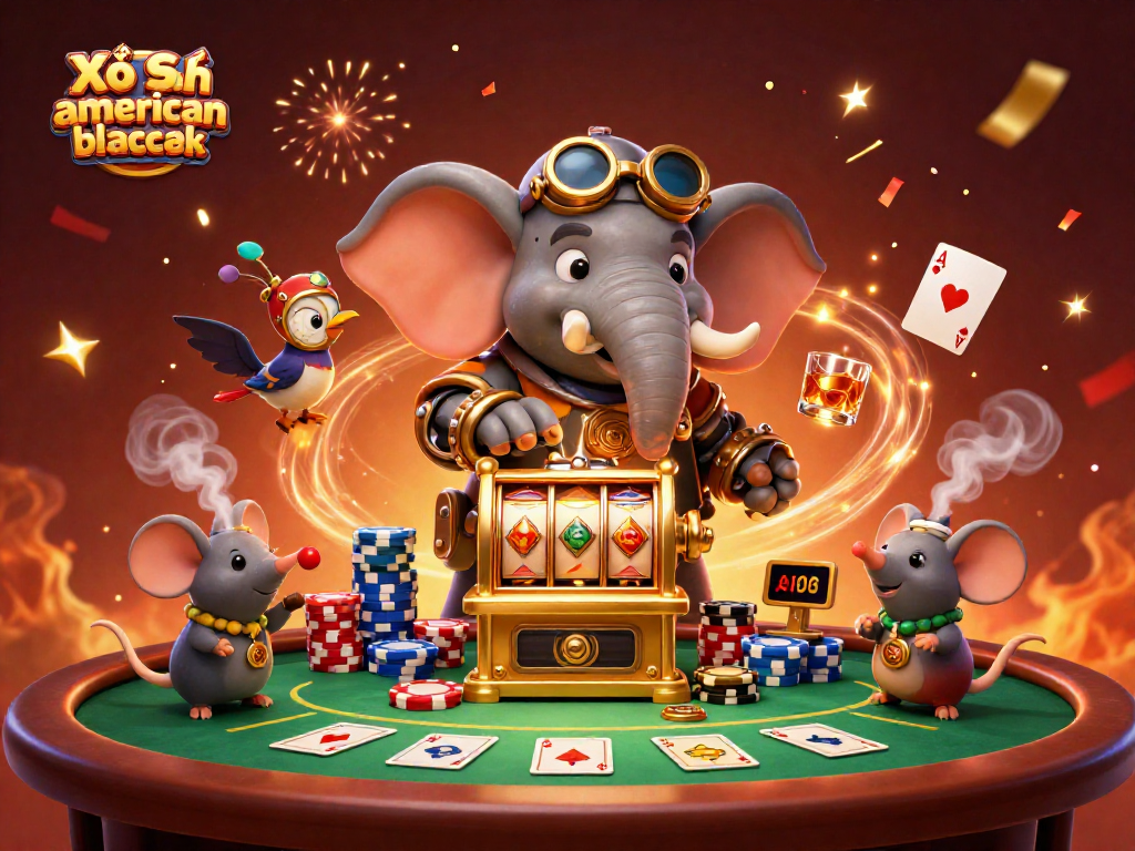 Engage with Xổ Số american blackjack through an exciting steampunk casino scene filled with poker elements and vibrant details.