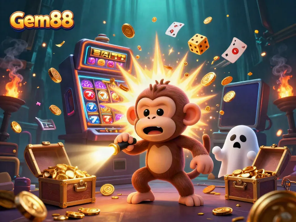 Experience gem88 in a haunted casino with playful characters, golden treasures, and vibrant gaming excitement.