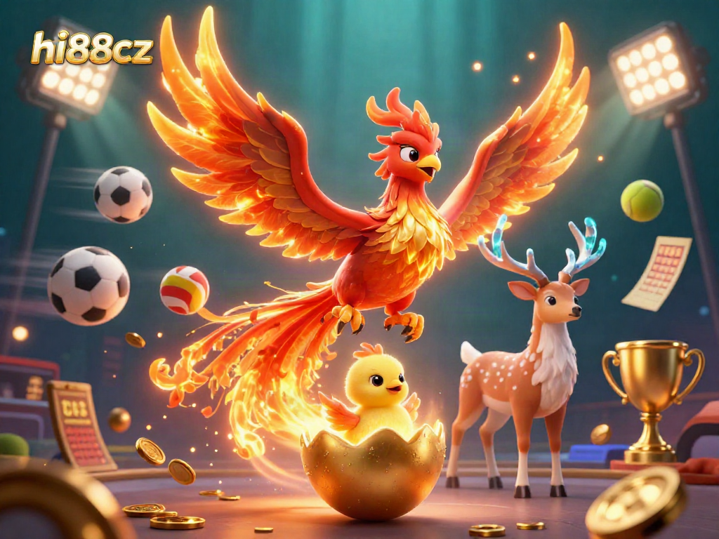 Experience dynamic gaming with hi88cz as a phoenix soars amidst vibrant sports elements.