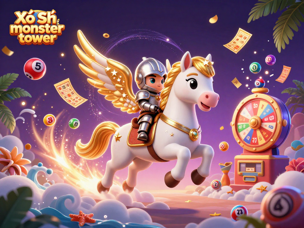 Xổ Số monster tower introduces thrilling lottery dynamics with a knight riding a celestial horse amid vibrant game elements.