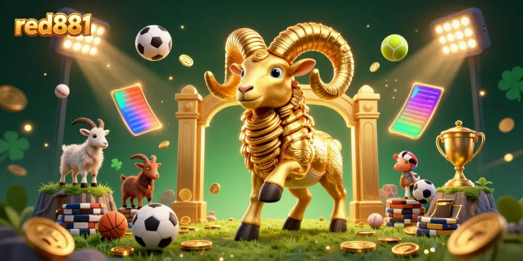 Experience the thrill of betting with red881 as a golden ram charges through a dynamic sports scene.