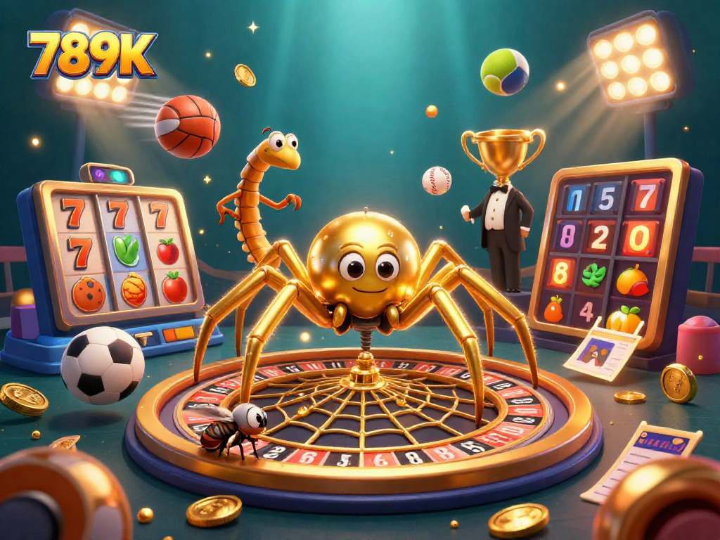 Engage with 789K's exciting casino world featuring a golden spider roulette and vibrant gaming elements.