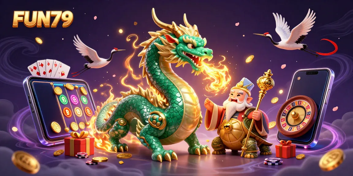 Experience the excitement of FUN79 with a dragon, turtle sage, and lucky cranes surrounded by casino elements.