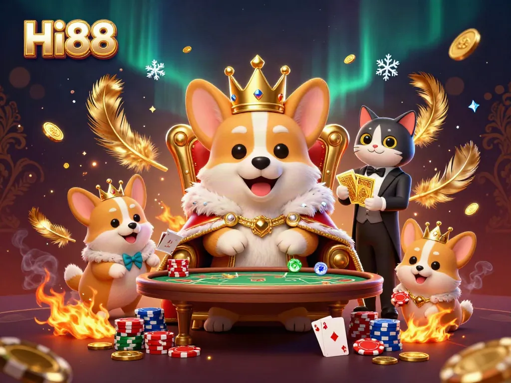 Engage in thrilling gameplay at Hi88 as the royal corgi presides over a lavish casino scene.