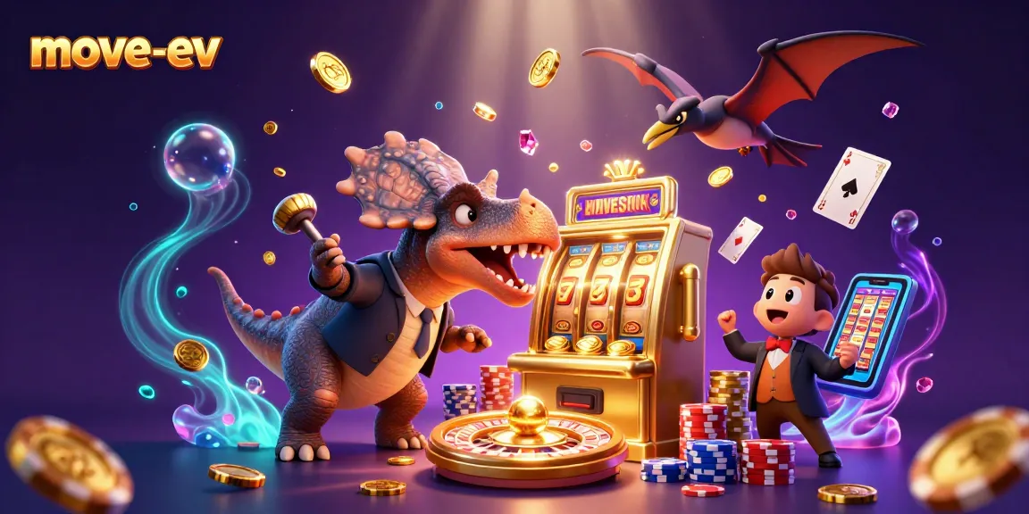 Engage with move-ev in this vibrant 3D scene where a dinosaur pairs luck and chaos at the slots.